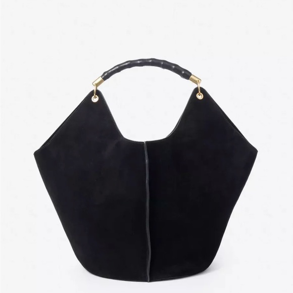 Black Suede Bag with Curved Handle and Gold